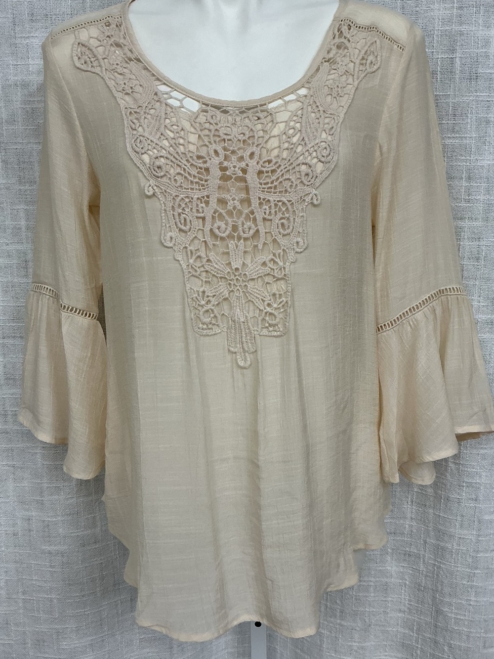 Melissa Paige Cream Crochet Yoke Bell Sleeve Tunic